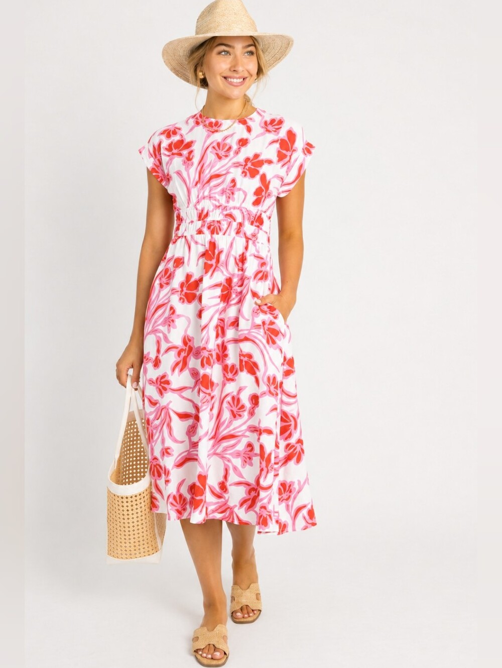 SHE + SKY Pink Coral Floral Smocked Waist Midi Dress Size Large
